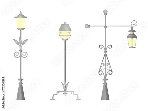 Three stylized, ornate street lamps with glowing lights, isolated on white background.