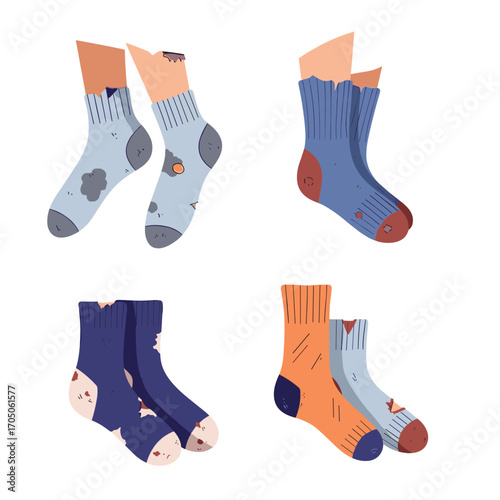 A collection of four pairs of worn out and holey socks shown in different colors and patterns.