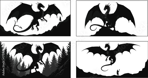 Epic dragon silhouette fantasy scene, mythical beast artwork in mountains and forest, warrior with dragon illustration, legendary creature landscape design