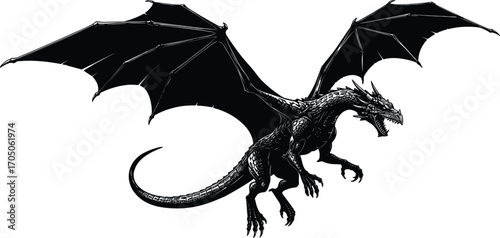 Flying dragon silhouette with detailed wings, fierce fantasy creature artwork, mythical beast tattoo design, realistic fire breathing reptile illustration vector
