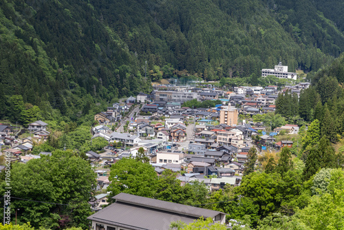 Close-up aerial view of Gujo Hachiman town, a small riverside town in Gifu Prefecture, Central Japan, known for its pristine waterways