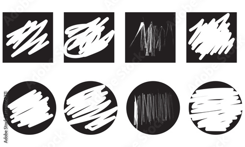 Black textured labels with white scribble marks. Square and circular labels with white scribble marks, perfect for stickers, badges, decoration design. Monochrome faded weathered surface badge design