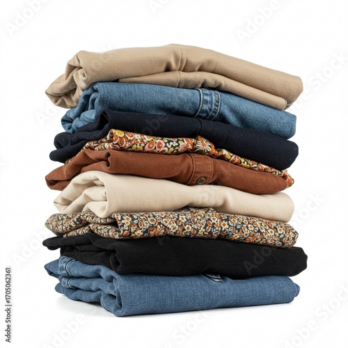 Seasonal clothing cleanup and decluttering concept with a neat stack of folded casual pants and denim trousers isolated on white