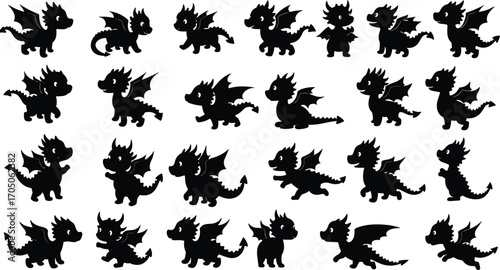Cute baby dragon silhouettes collection, adorable mythical fantasy creatures with wings, cartoon style design set for kids, stickers and decoration