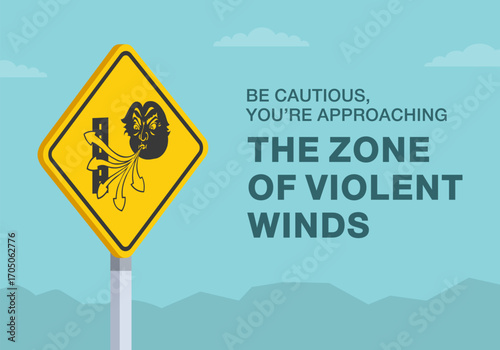 Safe driving tips and traffic regulation rules. Close-up of canadian "wind gusts" sign meaning. You are approaching the zone of violent winds. Flat vector illustration template.