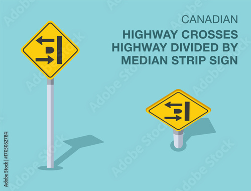 Traffic regulation rules. Isolated canadian "highway crosses highway divided by median strip" road sign. Front and top view. Flat vector illustration template.
