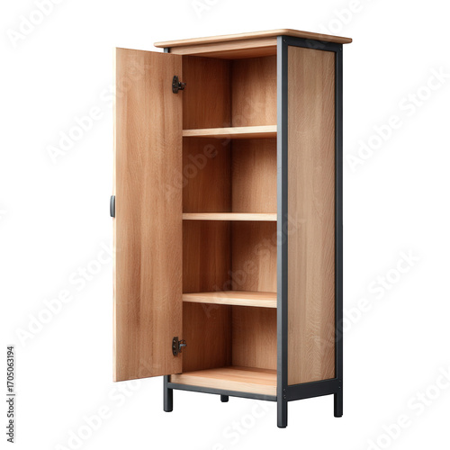 Modern wooden cabinet with open door and shelves isolated on transparent background