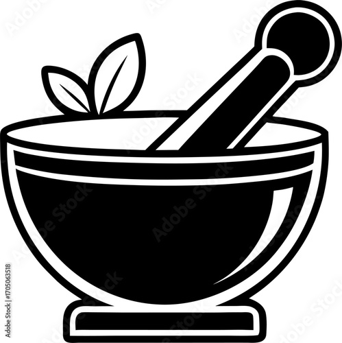  Mortar and pestle vector line art icon black and white white background
