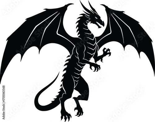 Black silhouette of fierce standing dragon with wide wings, sharp claws, mythical fantasy beast illustration, legendary fire creature in vector art
