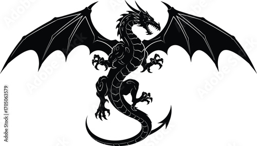 Black silhouette of fierce dragon with spread wings, sharp claws, long tail, mythical fantasy beast illustration, legendary fire creature vector design