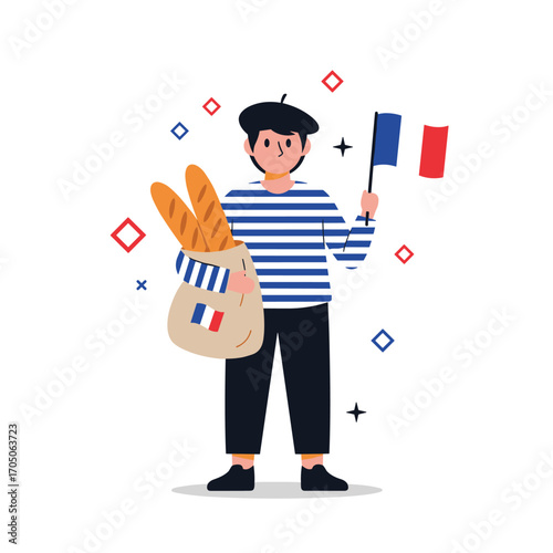 A cheerful french person with a beret and stripes holding baguettes and a flag of France.