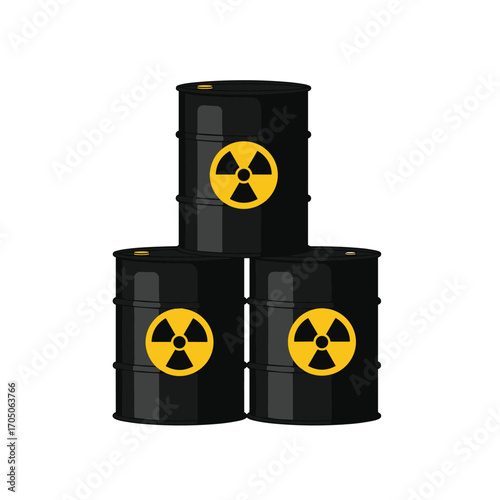 Three black barrels marked with radioactive symbols stacked in a pyramid.