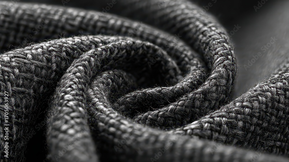 Obraz premium Gray braided rope resting on textured gray fabric creates a strong bond and connection