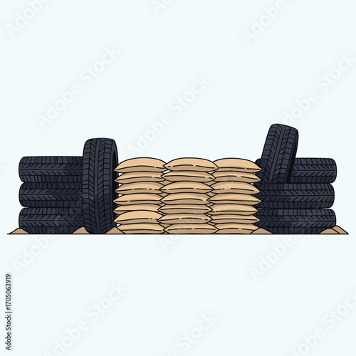 Barricade made from stacked tires and sandbags for protection