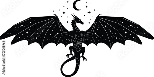 Mystical dragon silhouette with starry wings under crescent moon and sparkling night sky, fantasy creature design for tattoo, logo, illustration