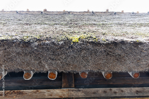 Closeup on typical traditional thick gassho zukuri style roof in Shirakawago in Central Japan to withstand heavy snow during winter