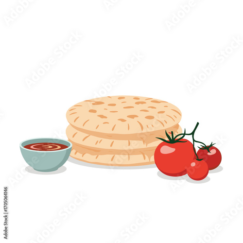 A stack of flatbreads with a bowl of salsa and fresh tomatoes.