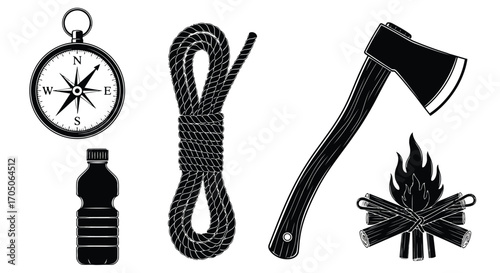 Vector illustration of survival kit with compass, rope, axe, and campfire isolated