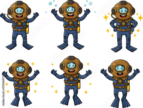 Vintage deep sea diver character, cartoon scuba illustration, underwater exploration mascot, retro diving suit, cheerful poses, marine adventure, ocean life, aquatic sports, character design set