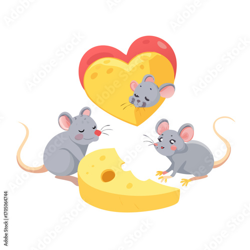 Two adorable inquisitive mice explore a large cheese heart while a third mouse naps close by 2D cartoon illustration set against a white background

