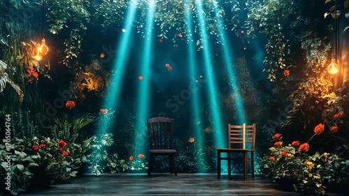 Two Empty Chairs on a Mystical Forest Stage with Ethereal Light Beams.