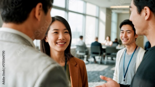 Diverse group of professionals networking at a modern conference. Collaborative meeting, business event, seminar, teamwork.