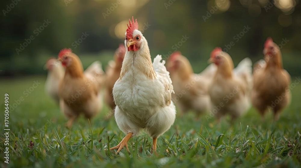 Fototapeta premium A group of chickens explores a vibrant green field as sunlight filters through trees. The animals exhibit curiosity and a lively demeanor, embodying farm life in the golden hour.