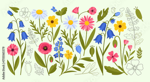 Vibrant collection of stylized meadow flowers, featuring colorful flat designs and delicate botanical line art.
