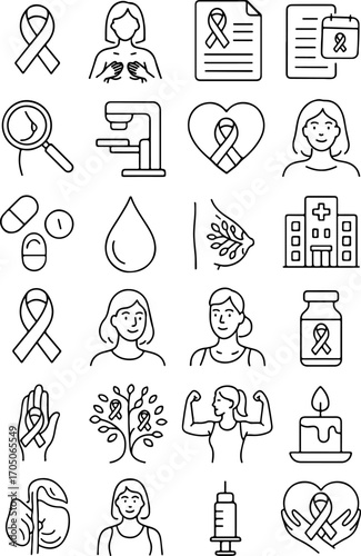 set of thematic icons on the topic of treatment and research of breast cancer in women, for thematic designs, packaging or patterns