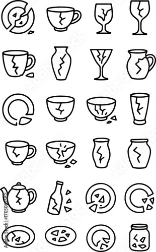 set of various dishes, namely plates, bowls and glasses with cracks on them. Symbols for marking glass, for packaging, menus or boxes