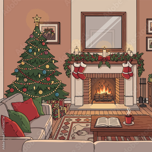 Cozy living room with christmas tree and fireplace decorated for the holidays
