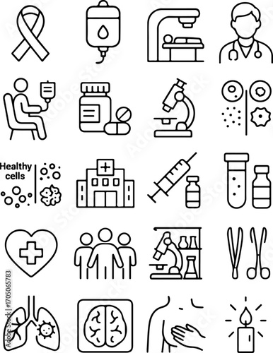set of thematic icons on the topic of cancer treatment and research, for thematic designs, packaging or patterns