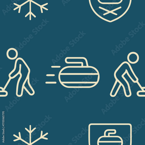 pattern of icons on the theme of winter sports, namely curling, consisting of people involved in the sport and the elements used there on a blue background, for thematic designs and packaging