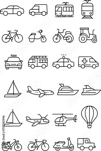 set of various types of transport for land and air space, for thematic designs or patterns