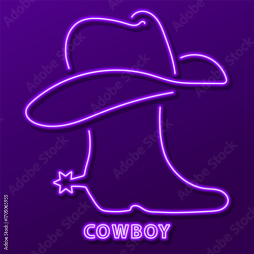 cowboy shoes neon sign, modern glowing banner design, colorful modern design trends on black background. Vector illustration.