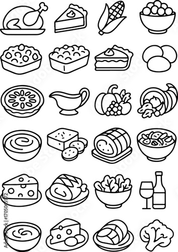 set of various dishes and food products that are placed on the festive table for Thanksgiving, for holiday designs, patterns or holiday icons