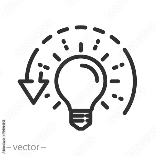 bulb and arrow, lighting loss, brightness reduce icon, reduction illumination, low level, less brightness, thin line symbol on white background - editable stroke vector illustration