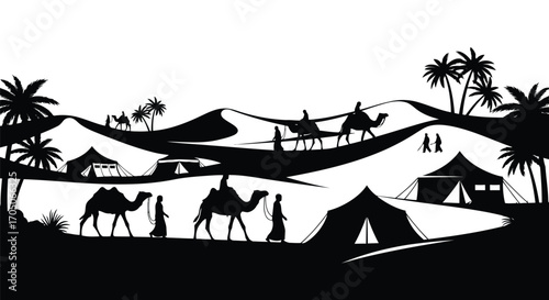 Vector illustration of caravan of camels and people in desert with tents at sunset
