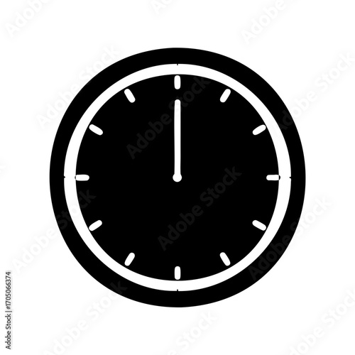 Simple black and white clock face showing the time is twelve o'clock