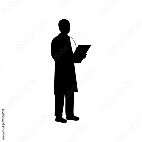 Silhouette of a doctor in a lab coat holding a clipboard reading notes