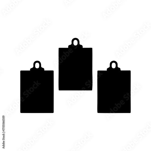 Three black clipboards aligned with rounded hooks on a white background