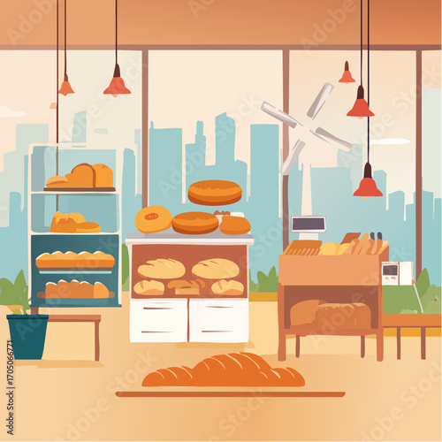 Bakery and bread. Vector modern illustration of pastry, loaf, croissant, bagel production and baking of bread