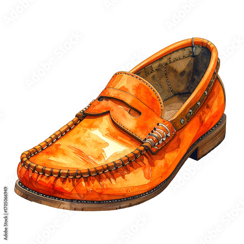 handdrawn paint A single orange loafer with a leather sole is drawn in a watercolor style.