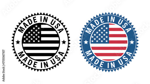 Two made in usa circular emblems, one in black and white and the other in color with the american flag, isolated on a white background