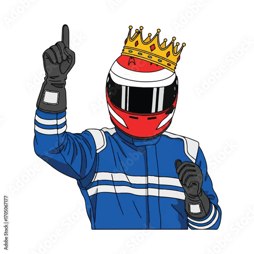 A racing driver, wearing a crown, celebrates a victory.