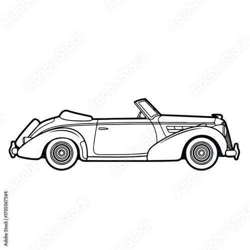 A black and white line drawing of a classic convertible automobile from the side view.