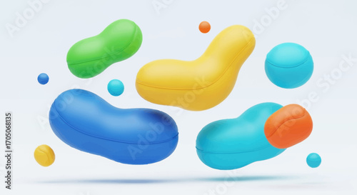 Vibrant, matte-textured 3D abstract blobs and spheres in blue, green, yellow, and orange.