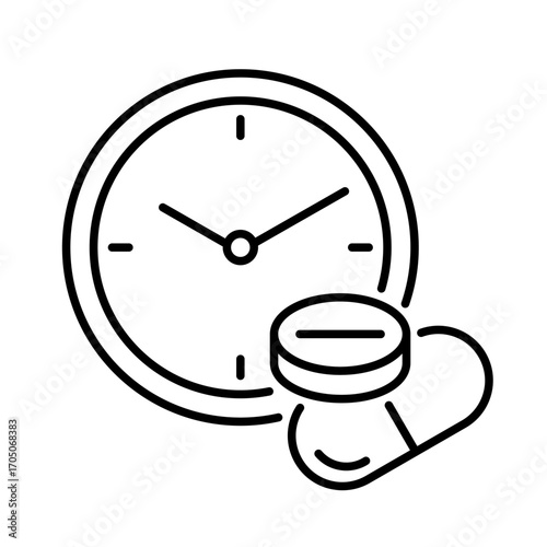 Clock and pill line icon. Time to take medication symbol. Treatment schedule, prescription reminder, drug timing, healthcare. Dosage management and medical adherence for patients. Vector illustration
