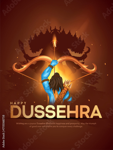 Happy Dussehra festival of India poster design. Lord Rama killing Ravana. Creative vector illustration.