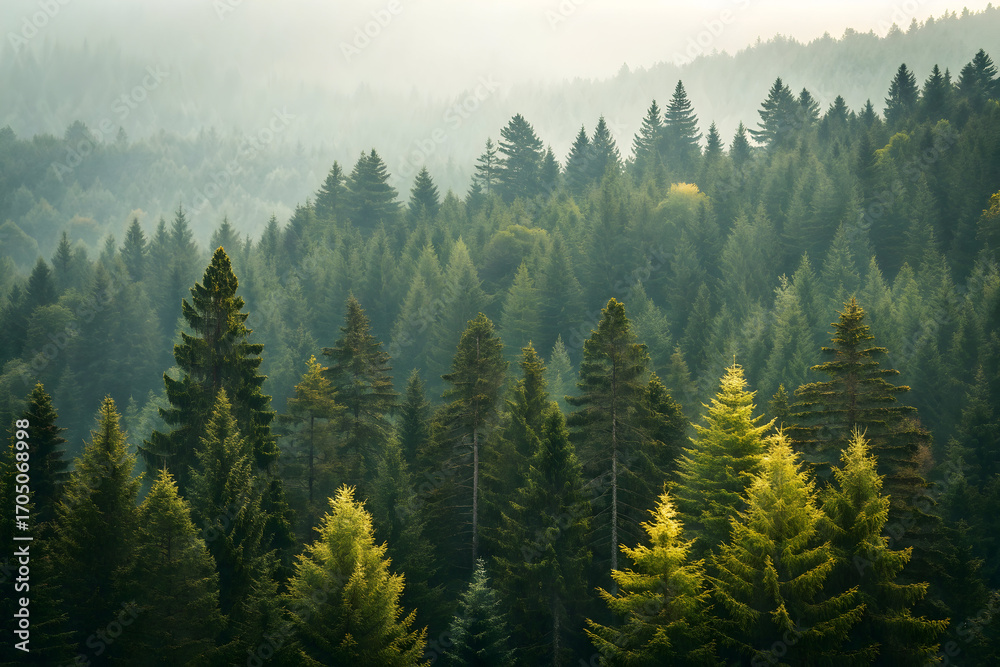 Fototapeta premium Misty mountain forest with evergreen trees and soft sunlight